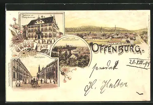 Lithographie Offenburg, Lehr- und Erziehungsanstalt, Rathaus mit Drakedenkmal, Bahnhofstrasse
