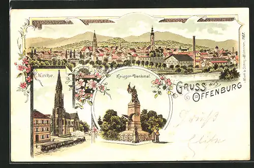 Lithographie Offenburg, Kirche, Krieger-Denkmal, Totalansicht
