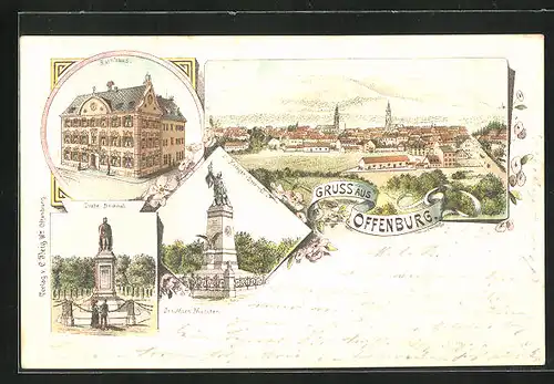Lithographie Offenburg, Rathaus, Drake-Denkmal, Kireger Denkmal