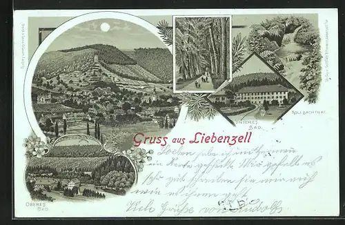 Mondschein-Lithographie Liebenzell, Unteres und Oberes Bad, Kollbachthal, Totalansicht