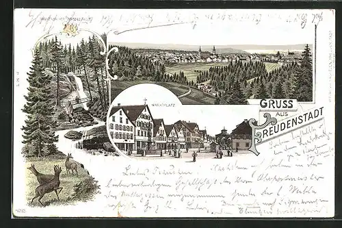 Lithographie Freudenstadt, Marktplatz mit Passanten, Sankenbacher Wasserfälle, Gesamtansicht