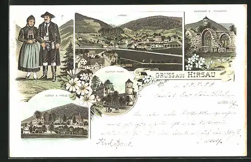 Lithographie Hirsau, Kloster und Kapelle, Mann und Frau in Tracht, Eulenturm