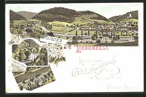 Lithographie Liebenzell, Oberes Bad v. Wilh. Deker, Totalansicht mit Burg