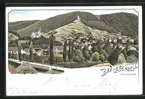 Lithographie Bad Liebenzell, Burg oberhalb des Ortes