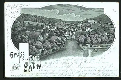 Mondschein-Lithographie Calw, Totalansicht mit silbernen Dächern