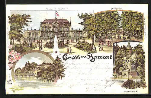Lithographie Pyrmont, Neues Kurhotel, Haupthalle, Schloss, Kriegerdenkmal