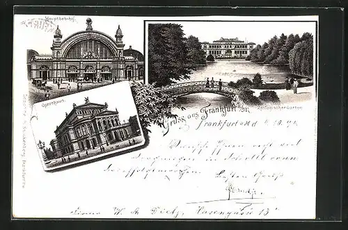 Vorläufer-Lithographie Frankfurt a. M., 1894, Zoologischer Garten, Hauptbahnhof, Opernhaus