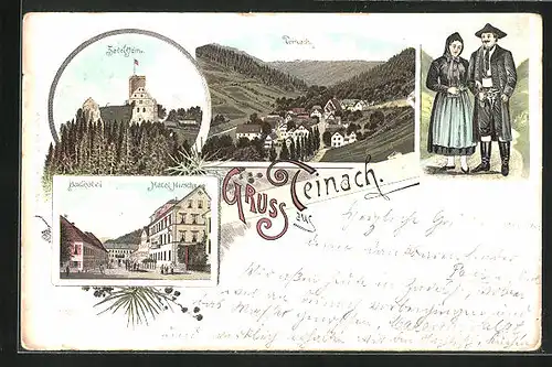 Lithographie Teinach, Zavelstein, Badhotel und Hotel Hirsch