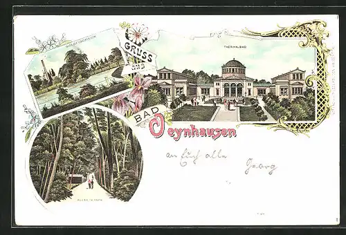 Lithographie Bad Oeynhausen, Thermalbad, Goldfischteich, Allee im Park