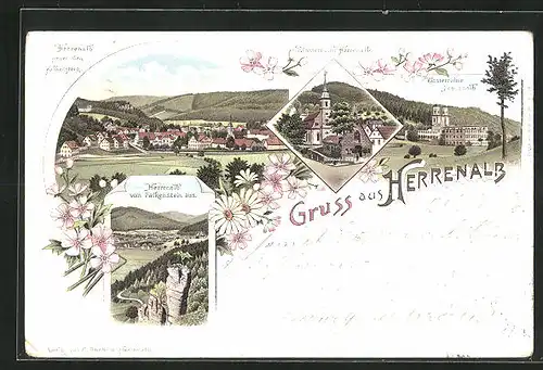 Lithographie Herrenalb, Klosterruine, Aussicht vom Falkenstein auf den Ort