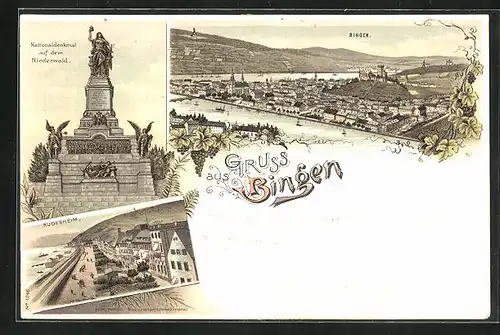 Lithographie Bingen, Nationaldenkmal auf dem Niederwald, Rüdesheim, Totalansicht mit Wasser