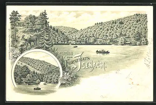 Lithographie Isenach, Gasthaus Forsthaus Isenach, Ruderboote auf dem Wasser