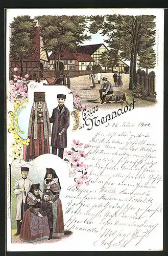 Lithographie Nenndorf, Männer und Frauen in Trachten, Strassenpartie im Ort