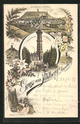 Lithographie Annaberg /Erzgeb., Aussichtsturm am Pöhlberg, Ruine Schreckenberg