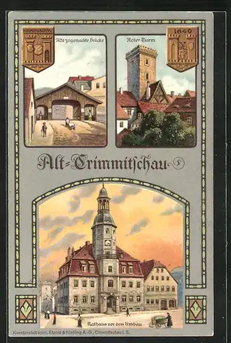 AK Crimmitschau, Partien in der Altstadt, zugemachte Brücke, roter Thurm, Rathaus