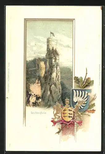 Passepartout-Lithographie Lichtenstein, Blick auf das Schloss, Wappen