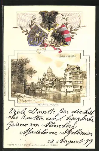 Passepartout-Lithographie Nürnberg, Pegnitz Partie, Wappen