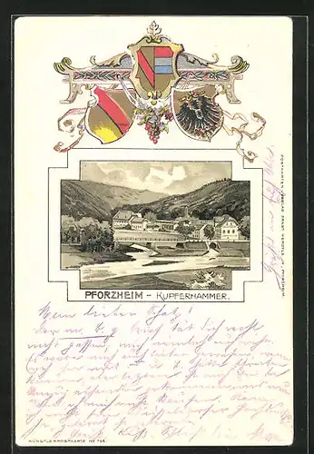 Passepartout-Lithographie Pforzheim, Kupferhammer, Wappen
