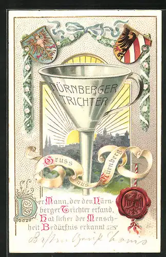 Passepartout-Lithographie Nürnberg, Nürnberger Trichter, Sonnenaufgang, Wappen