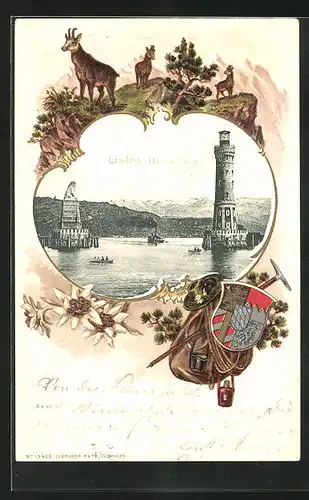 Passepartout-Lithographie Lindau, Hafeneinfahrt mit Leuchtturm, Wappen, Bergziegen
