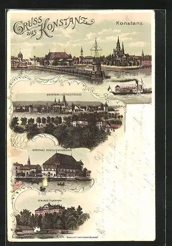 Lithographie Konstanz, Conciliumsgebäude, Schloss, Ortsansicht von der Seestrasse