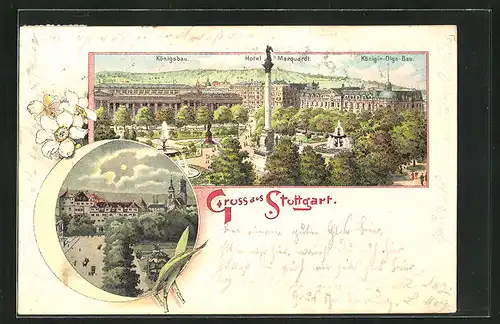 Lithographie Stuttgart, Hotel Marquardt und Königsbau, Ortsansicht bei Nacht