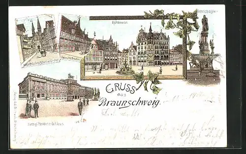 Lithographie Braunschweig, Kohlmarkt, Herzogl. Hofbräuhaus, Hagenbrücke