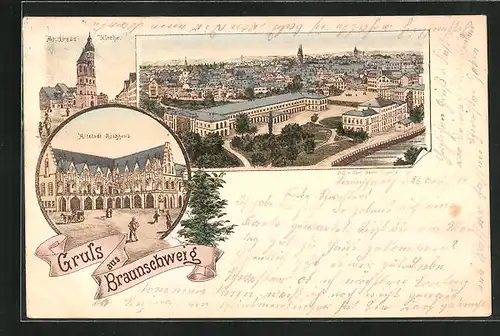 Lithographie Braunschweig, Altstadt Rathaus, Andreas-Kirche, Panorama