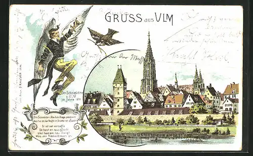 Lithographie Ulm, Der Schneider von Ulm, Ortspartie mit Münster