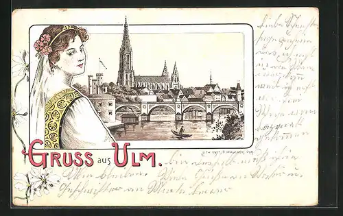 Lithographie Ulm, Panorama mit Münster, Frau in Tracht