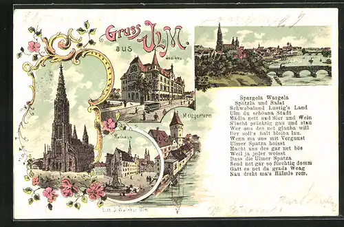 Lithographie Ulm, Metzgerturm, Saalbau, Münster