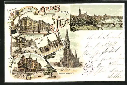 Lithographie Ulm, Zundelthor, Saalbau, Münster