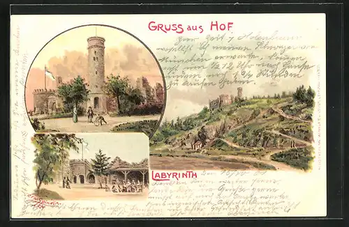 Künstler-AK Erwin Spindler: Hof, Labyrinth, Aussichtsturm