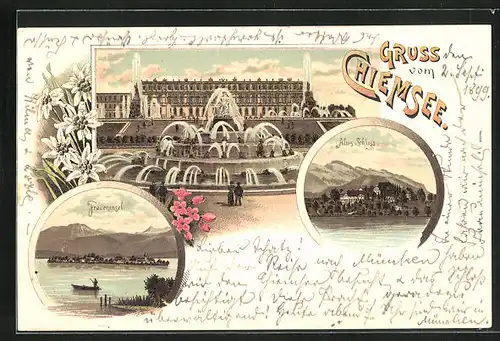 Lithographie Chiemsee, Fraueninsel, Altes Schloss, Brunnen