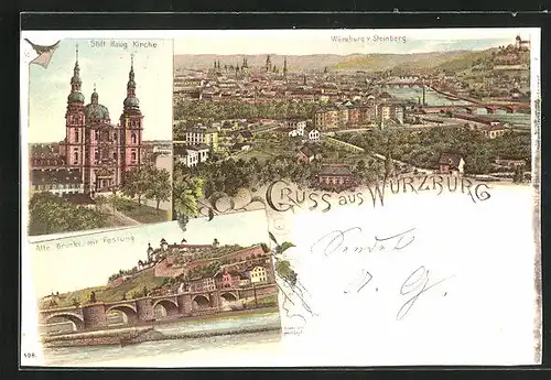 Lithographie Würzburg, Alte Brücke mit Festung, Stift Haug Kirche, Totalansicht