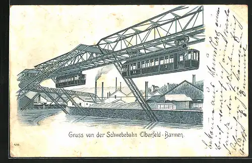 Mondschein-Lithographie Elberfeld-Barmen, Ortspartie mit Schwebebahn