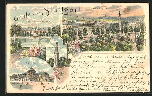 Lithographie Stuttgart, Neues Schloss, Solitude, Schloss m. Anlage