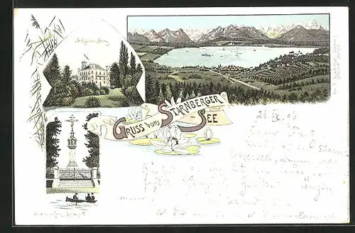 Lithographie Starnberg, Schloss Berg, Totalansicht mit See, Denkmal König Ludwig II.