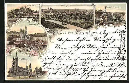 Lithographie Bamberg, Michaelsberg, Rathaus, Dom u. alte Hofhaltung