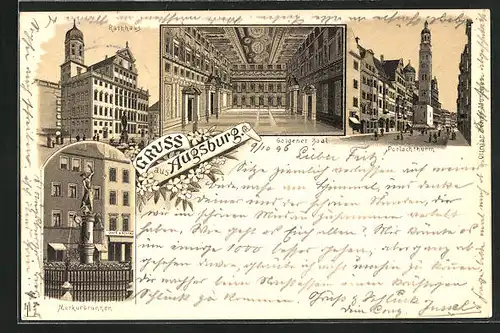 Lithographie Augsburg, Rathaus, Perlachturm, Merkurbrunnen