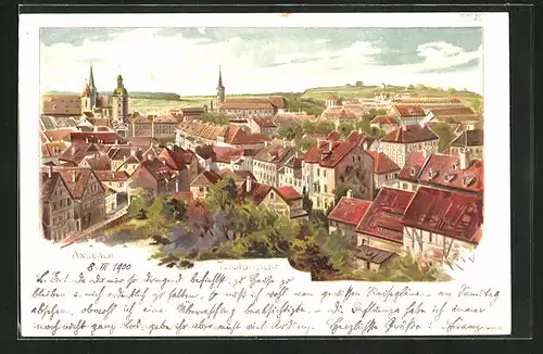 Lithographie Ansbach, Totalansicht mit Kirche