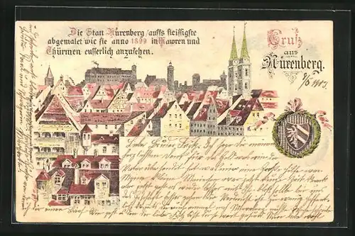 Lithographie Nürnberg, Ortsansicht mit Wappen