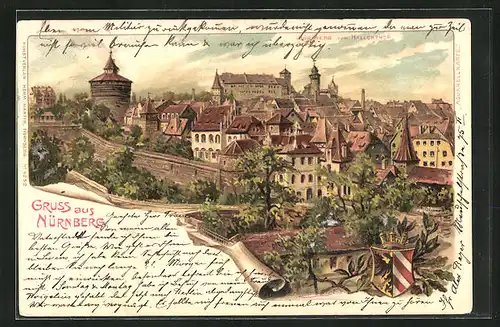 Lithographie Nürnberg, Ortsansicht mit Wappen