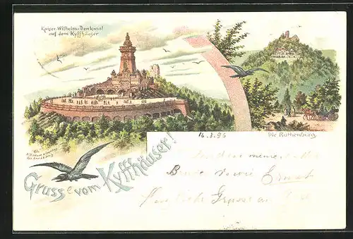 Lithographie Kyffhäuser, Kaiser-Wilhelm-Denkmal und Rothenburg