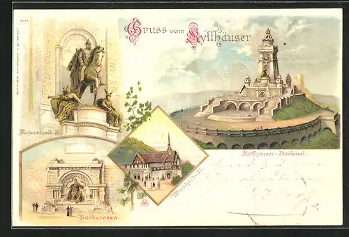 Lithographie Kyffhäuser, Kyffhäuserdenkmal, Reiterstandbild und Barbarossa