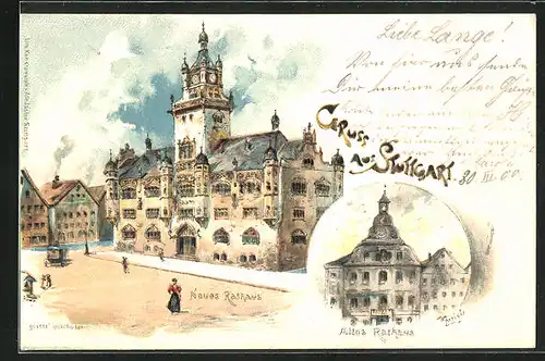 Lithographie Stuttgart, altes und neues Rathaus