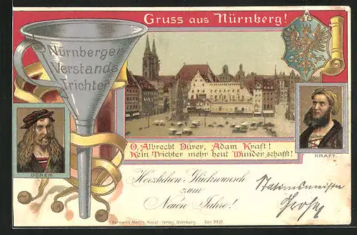 Lithographie Nürnberg, Marktplatz, Albrecht Dürer und Adam Kraft
