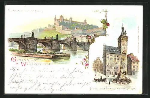 Lithographie Würzburg, alte Mainbrücke mit Festung