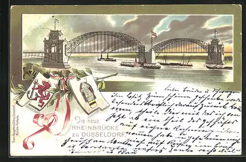 Lithographie Düsseldorf, die neue Rheinbrücke mit Dampfern