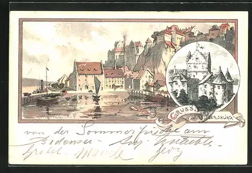 Künstler-AK Karl Mutter: Meersburg, Ortsansicht mit Anlegestelle